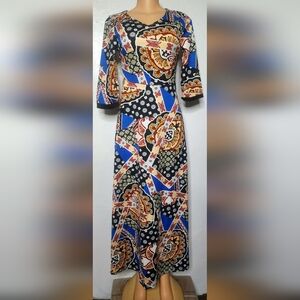 C-SY Retro Hippie Black Blue Gold Paisley Geometric Maxi Dress Sz Med